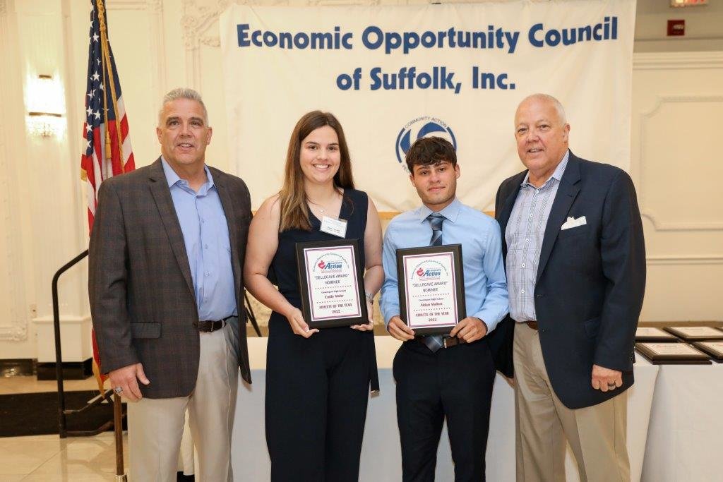Connetquot High School nominees Emily Mohr and Aidan Mallon are flanked by Dellecave Foundation co-directors (left) Mark Dellecave and (right) Guy Dellecave.